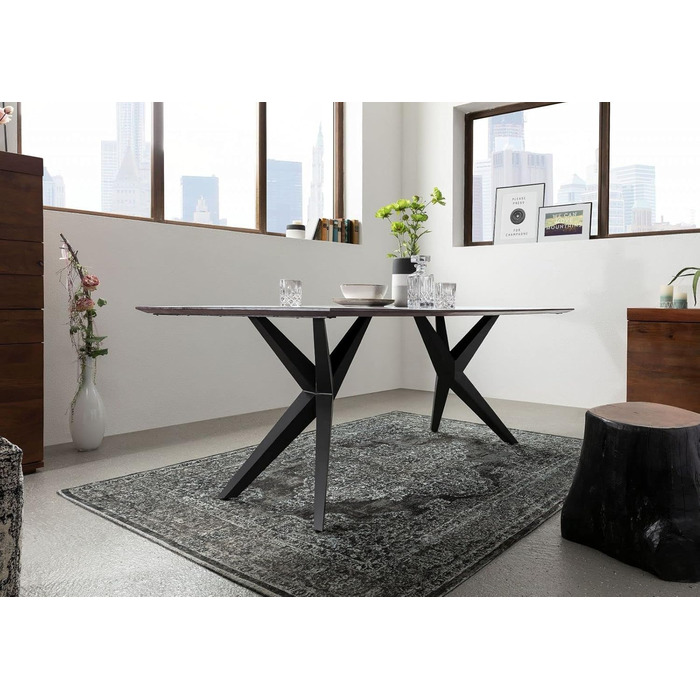 Обідній стіл з масиву дерева Swiss Edge 08 виготовлений з акації - сірий, лакований ніжки матово-чорного кольору 140x90 см обідній стіл з масиву дерева, 24.DE