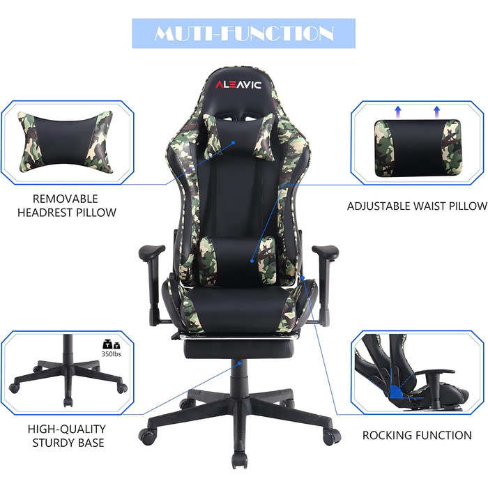 Ігрове крісло ALEAVIC з підставкою для ніг, гоночне крісло, ергономічне офісне крісло, ігрове крісло для ПК, висока спинка. (камуфляжний колір)