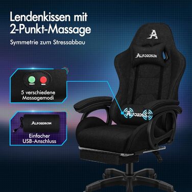 Геймерське масажне крісло ALFORDSON, комп&39ютерне офісне крісло з підставкою для ніг, 2-точкове масажне крісло, вантажопідйомність 180 кг, регульована спинка 90-150, ергономічне комп&39ютерне крісло, поворот на 360, лляна тканина, чорний лляний - темно-ч