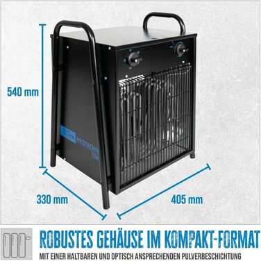 Електричний обігрівач Gde GH 15 EV (400 В, 15 кВт, 3 рівні нагріву 5 / 10 / 15 кВт, продуктивність вентилятора 1292 м/год, споживання струму 22 А, термостат з плавним регулюванням, захист від перегріву та ручки для перенесення) Одинарний