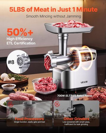 Електрична м'ясорубка VEVOR, потужність 700 Вт, продуктивність 2,3 кг/хв, комплект 8 з 3 дисками, 3 насадками для ковбас та набором для куббе, 2-в-1 кухонна машина для дому