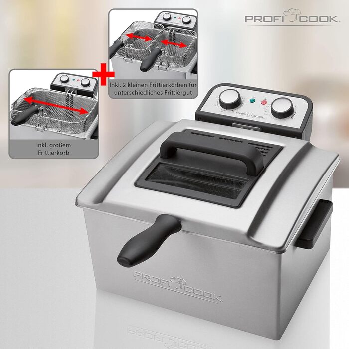 Подвійна фритюрниця ProfiCook Фритюрниця з 2 маленькими та 1 великим кошиком Подвійна фритюрниця з технологією холодної зони Фритюрниця ємністю 5 л і знімним контейнером з нержавіючої сталі ПК-ФР 1038