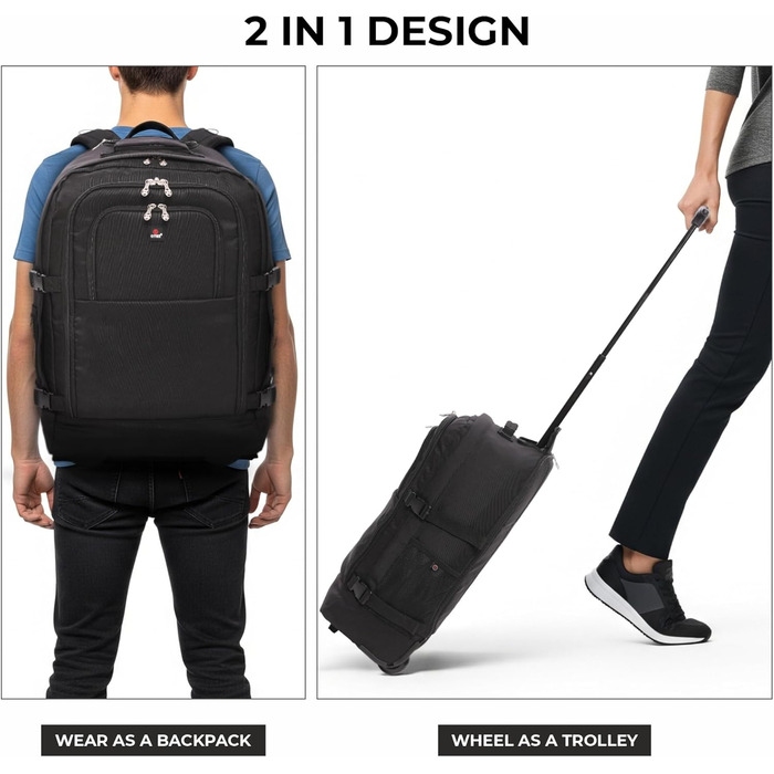 Рюкзак 5 Cities 55 см, сумка на візках, ручна поклажа, легкий, схвалений для використання в кабіні літака, з плечовими ременями, на колесах, валіза, ручна поклажа, чорний колір V2