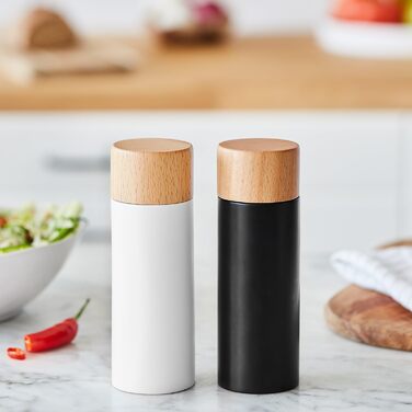Набір млинів для солі та перцю 2 шт., Млин для березових спецій у скандинавському дизайні, регульований керамічний подрібнювач, подрібнювач, ненаповнений та багаторазовий - чорний/білий