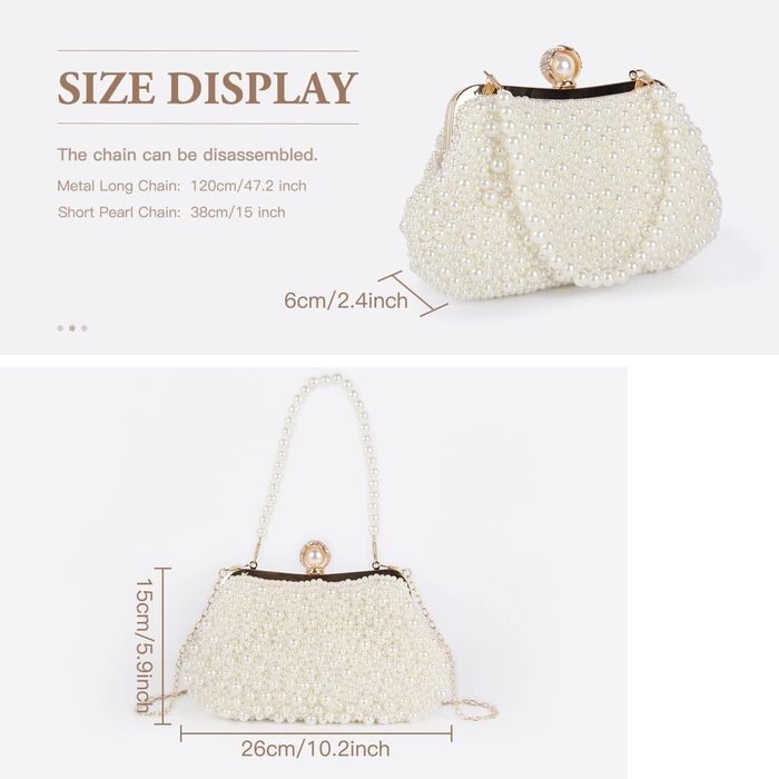 Жіноча перлова клатч-сумка для вечірок, весілля. Вечірня сумочка з кристалами та перловим ланцюжком, бежевий колір.