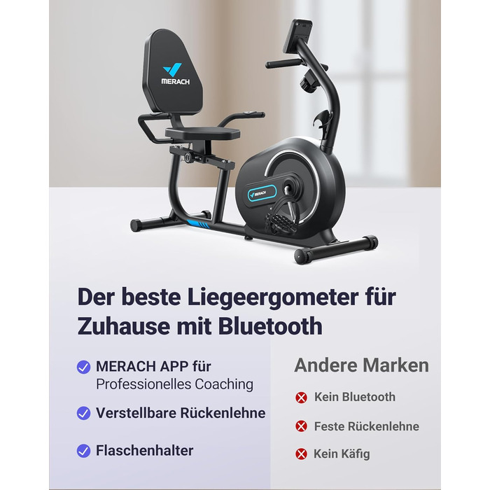 Велотренажер MERACH для домашнього використання з 8 регульованими рівнями опору, Smart Bluetooth, ексклюзивним підключенням до додатків, РК-дисплеєм, датчиками серцевого ритму та регульованою спинкою, синьо-чорний
