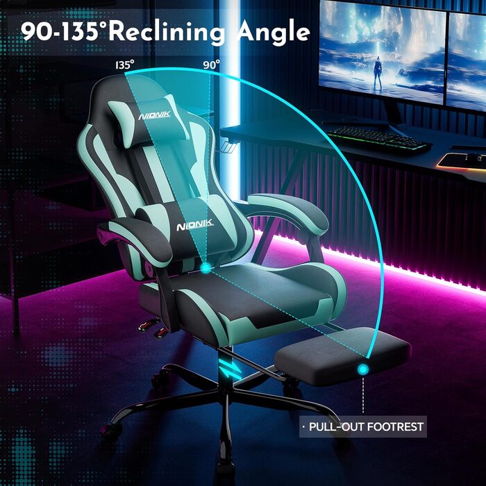 Офісне крісло, ігрове крісло, комп&39ютерне крісло з підставкою для ніг, м&39яке ігрове крісло, ігрове крісло для дорослих, обертове крісло, чорно-м&39ятно-зелений