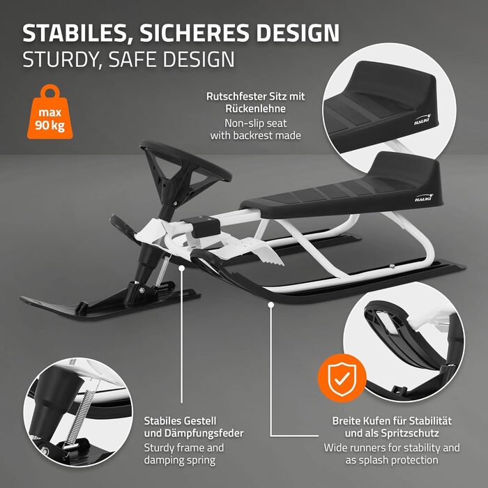 Німеччина Санки з кермом, дитячі санки від 5 років, скібоб для дітей та дорослих до 90 кг, санки з кермом, ножні гальма, тяговий т