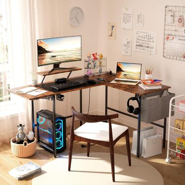 Ігровий стіл із розумним світлодіодним освітленням, L-подібний стіл із подовжувачем для домашнього офісу, кутовий стіл 120-150 см з розеткою, сумка для зберігання, підставка для монітора, вінтажний коричневий колір