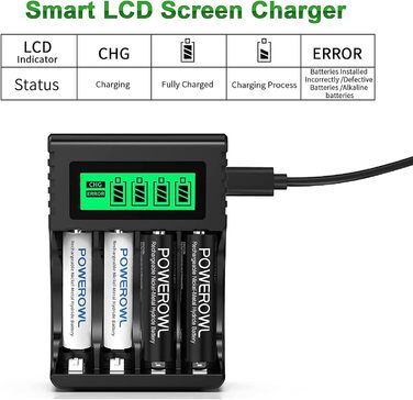 Зарядний пристрій POWEROWL з 4 батарейками типу AA 2800 мАг 4 батарейками типу AAA 1000 мАг - Зарядний пристрій для Ni-MH акумуляторних батарейок типу AA/AAA, швидкий зарядний пристрій з 8 батарейками