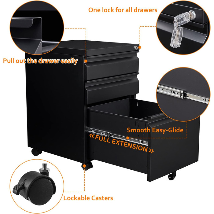 Мобільна шафа для документів, що замикається, офісна шафа, металева шафа, картотечна шафа, шафа для зберігання речей, бічна шафа, шафа з шухлядами, офісний комод для документів, 39 x 50 x 62 см, чорний, 3 шухляди