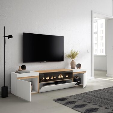 Тумба під телевізор, низька для вітальні та їдальні 200x45x35 см Для телевізорів до 80 дюймів Електричний камін. Сучасний стиль Білий та м&39який дуб