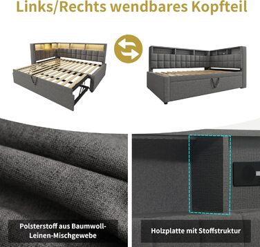 Кушетка 90x200 з висувним ліжком 90x190, диван-ліжко зі світлодіодним підсвічуванням, USB та Bluetooth, висувне ліжко-кушетка з рейковою основою, гостьове ліжко, без матраца, сірий, сірий F 90x200