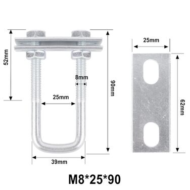 Болти U-болти M8 U-подібні болти квадратні 4 шт. U-болтові U-болти Затискачі з гайковою шайбою (M8x25x90 мм)