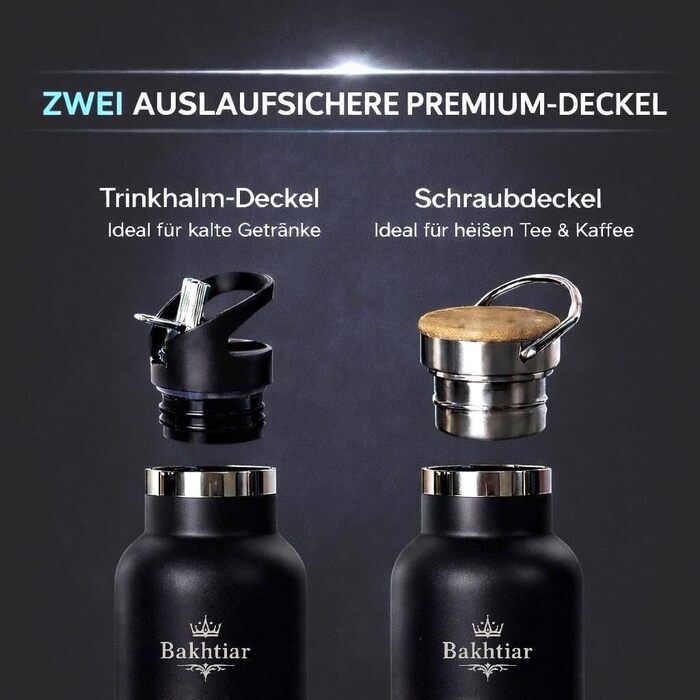 Пляшка для води Bakhtiar з подвійними стінками з нержавіючої сталі - Преміальна ізольована пляшка для гарячих та холодних напоїв - Спортивна пляшка з двома кришками - Підходить для газованих напоїв (Чорна, 1000 мл) Чорна 1000 мл
