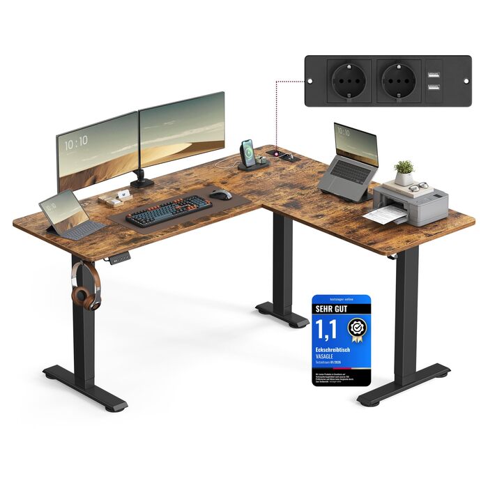 Електричний письмовий стіл з регульованою висотою, L-подібний кутовий стіл, 140 x 160 см, із зарядною станцією, функція пам&39яті з 2 висотами, для домашнього офісу, вінтажний коричневий - чорний LSD264K01 Вінтажний коричневий чорнильний