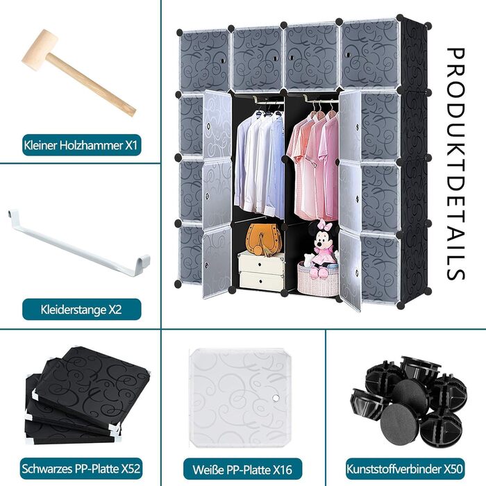 Біла шафа, модульна система полиць з 20 кубиками, шафи своїми руками, пластикова шафа з дверима, система полиць, окремостояча шафа, ширина 145 см, 20 кубиків, білий