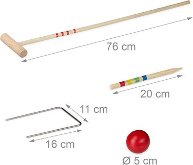 Набір для крокету Relaxdays, 4 гравці, діти та дорослі, повний комплект із сумкою, дерев&39яний набір для крокету, молотки, різнокольоровий