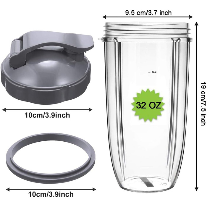 Запчастини для NutriBullet, 2 чашки по 0,9 л, 2 відкидні кришки, 2 прокладки та щітка для чищення для NutriBullet 600 Вт та 900 Вт (7 шт. )