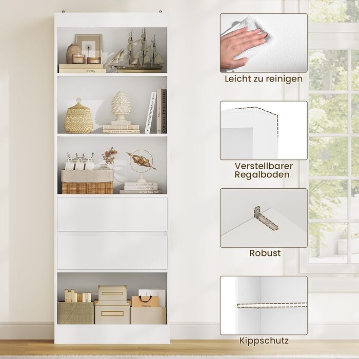 Книжкова шафа, книжкова шафа з 2 шухлядами та 4 відділеннями, шафа для вітальні з регульованими полицями, висока шафа для вітальні, спальні, кабінету, кухні, компактна, 180x60x24 см, білий