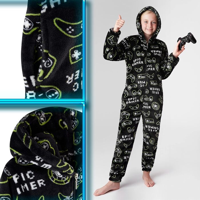 Дитячий флісовий комбінезон CityComfort Onesie, піжама, надзвичайно м&39який, цілісний костюм, піжама-ромпер, 7-14 років, 9-10 років, чорний