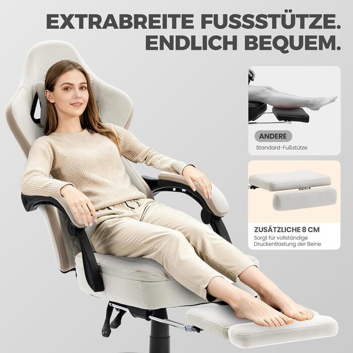 Ігрове крісло Dowinx з тканиною та розсувною та складною підставкою для ніг, ергономічне офісне крісло з гелевою подушкою та пружинною подушкою з кишеньковим механізмом, масажне ігрове крісло для дорослих, бежевого кольору Deluxe