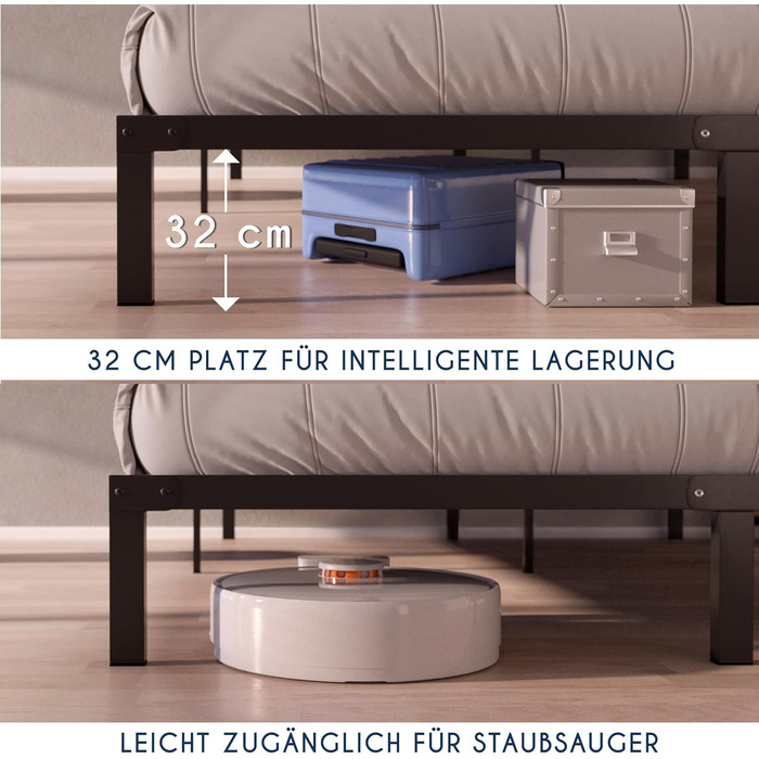 Ліжко Dreamzie 160x200 з металевою рейковою основою - Каркас ліжка 160x200 для матраца, висота 35 см - Великий простір для зберігання, легко збирається та стійке - Чорна рейкова основа 160x200, висота 35 см