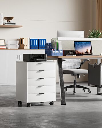 Шафа з шухлядами, контейнер на колесах, мобільна шафа для документів з 5 шухлядами, шафа під письмовим столом, офісний комод для домашнього офісу, білий 40 x 47,6 x 64,6 см