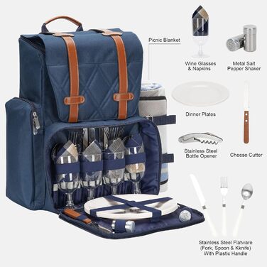 Рюкзак для пікніка на 4 особи з великою ізольованою сумкою-холодильником, набором кошика для пікніка з сумкою для вина, водонепроникною ковдрою для пікніка та набором столових приборів. Ідеально підходить для кемпінгу, весільний подарунок для пар, синій.