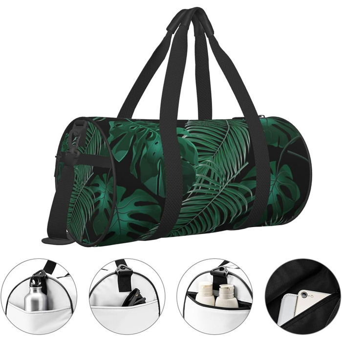 Спортивна сумка для подорожей, принт Листя банана, зелений малюнок, чорний колір, універсальний розмір
