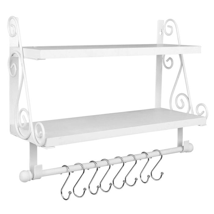 Дерев&39яна настінна полиця, плаваюча полиця, підвісна полиця, 2-рівнева полиця для спецій, кухонна полиця, органайзер для настінних полиць, полиця для ванної кімнати з 8 знімними гачками для ванної кімнати, вітальні, коридору, біла