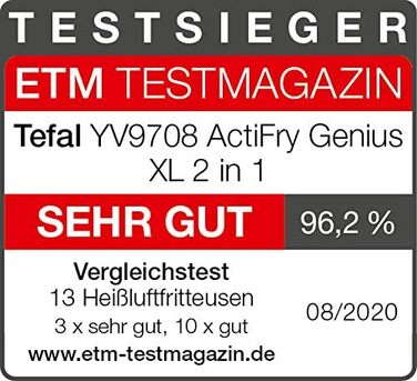 Аерофритюрниця Tefal YV9708 ActiFry Genius XL 2в1 з важелем для перемішування Переможець тесту 1,7 кг на 8 осіб 9 автоматичних меню 2 страви одночасно здорова фритюрниця без олії, чорна ActiFry Genius XL 2в1