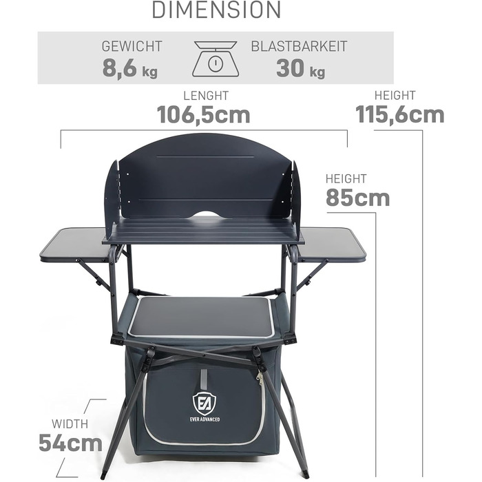 Складана кемпінгова кухня Ever Advanced з вітровим скло, складна кемпінгова шафа з 3 стільницями, сумка для зберігання, складна кухня з сумкою для перенесення, підходить для кемпінгу, саду, каравану, сім&39ї