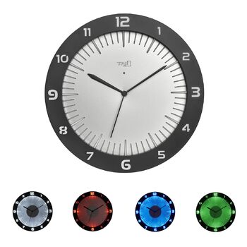 Аналоговий настінний годинник TFA Dostmann Lumoclock з LED-підсвіткою, 60.3553, 9 кольорів, 3D-цифри, радіосинхронізація, 30 см, сірий