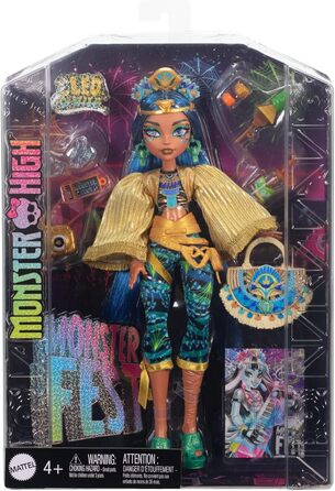 Лялька Monster High Клео де Ніл у гламурному фестивальному вбранні та фестивальних аксесуарах, таких як закуски, постер гурту, сумка-акція та багато іншого, HXH81 Фестиваль Клео де Ніл