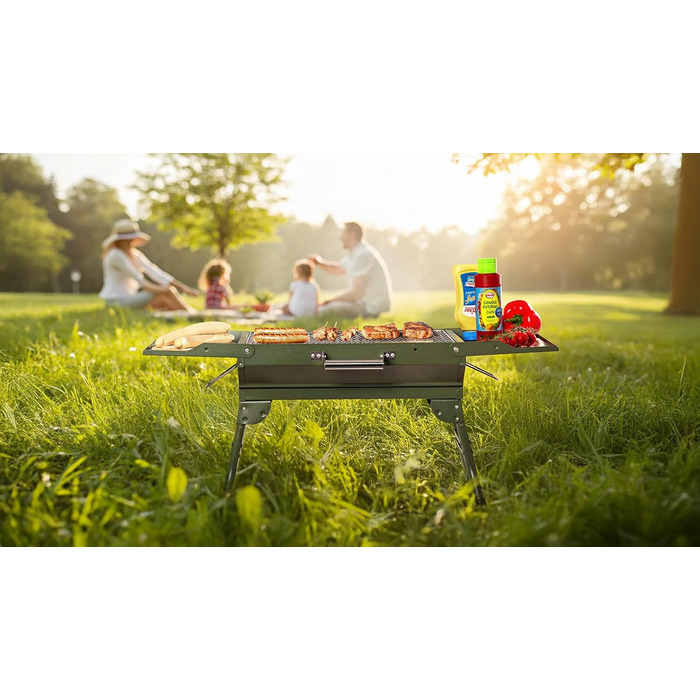 Портативний кемпінговий гриль, складний вугільний гриль, настільний вугільний гриль для подорожей 45x31 см, настільний кемпінговий гриль для приготування їжі на свіжому повітрі, кемпінгу та пікніків (армійський зелений)
