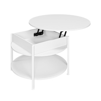 Круглий журнальний столик з підйомною стільницею, журнальний столик з регульованою висотою, бічний столик, стіл для вітальні з прихованим місцем для зберігання, відкритий відсік, металевий каркас, для вітальні, офісу, 70 x 70 x 50 см, білий.