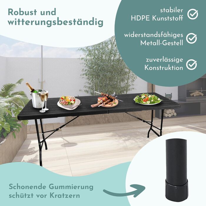 Розкладний стіл Lemodo 180 x 75 см Складаний садовий та фуршетний стіл до 150 кг, міцний стіл для вечірок з всепогодного чорного дерева, компактне зберігання у вигляді валізи з ручкою для перенесення, дерево/чорний