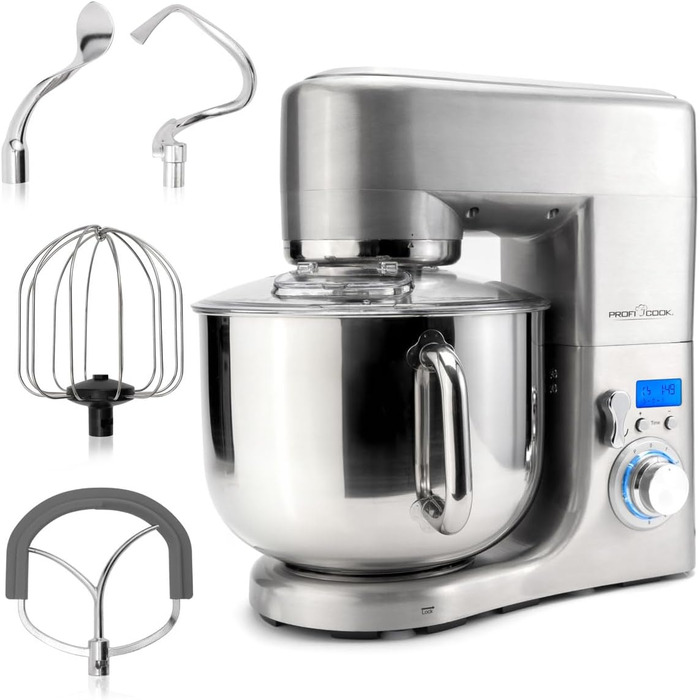 Кухонний комбайн ProfiCook з чашею з нержавіючої сталі XXXL Міксер 10 л з двигуном 1500 Вт Тістомісильна машина з гаком і віночком Машина для замішування тіста Захист від бризок з отвором для наповнення PC-KM 1096 Нержавіюча сталь 10 літрів