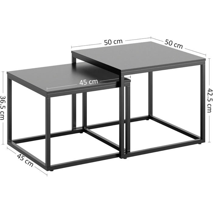 Набір з 2 квадратних дерев&39яних журнальних столиків, сучасний стіл для вітальні, комплект бічних столиків 2-в-1 з металевим каркасом для вітальні, офісу, дизайн лофт Twin Чорний, квадратний