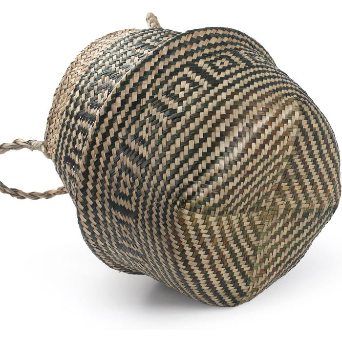 Кошик для рослин з морської трави, квітковий горщик, великий натуральний плетений кошик для білизни з ручкою для зберігання рослинних іграшок (чорна смужка), 32 x 28 см, чорна смужка