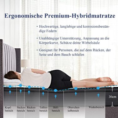 Матрац Suilong Luxury Premium 140x200x30см Жорсткість H3 H4, Виготовлено за німецькими стандартами якості, пружинний матрац з 1000 кільцями кишенькової форми Полегшує біль у спині та попереку - 7 зон H3 140x200x30см