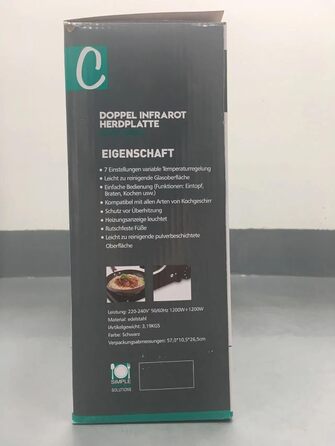 Інфрачервона варильна поверхня CUSIMAX 2 шт. 1200 Вт 1200 Вт Електрична варильна поверхня зі склокераміки, портативні подвійні варильні поверхні з регулюванням температури для зовнішнього/внутрішнього використання, для всіх типів гончарів, чорна нержавіюч