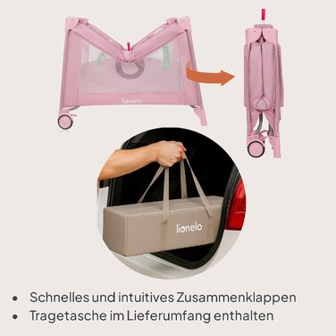 Дитячий манеж та дорожнє ліжечко LIONELO Mille Plus 2-в-1 100x100 см з матрацом та 3D-чохлом для немовлят, вагою до 15 кг (0-36 місяців), бічний вхід на блискавці, 2 колеса з гальмами, складний, сумка для перенесення рожевого кольору