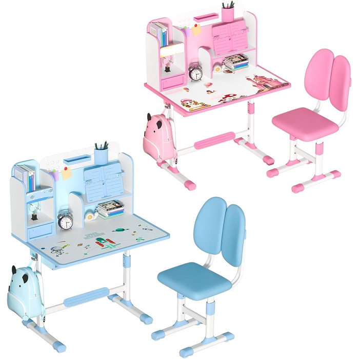 Комплект дитячого столу та стільця, комплект учнівського столу та стільця, стіл для читання з магнітною задньою панеллю, шухляди, гачки для шкільних сумок та підставка для книг, тримач для ручок, синій
