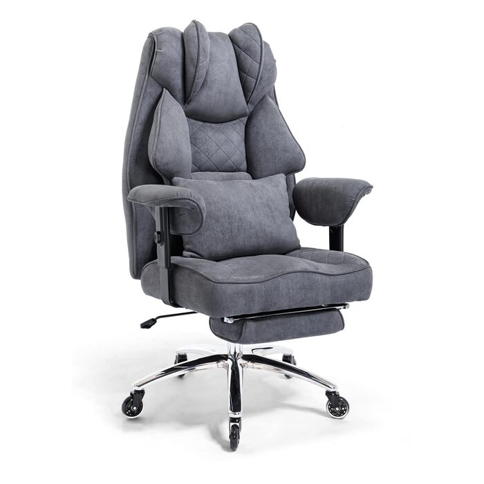 Ергономічне офісне крісло, вантажопідйомність 200 кг, крісло керівника з підставкою для ніг, робоче крісло з поперековою опорою, зручне широке сидіння XXL, потовщена оббивка, регульована висота, штучна замша сірого кольору
