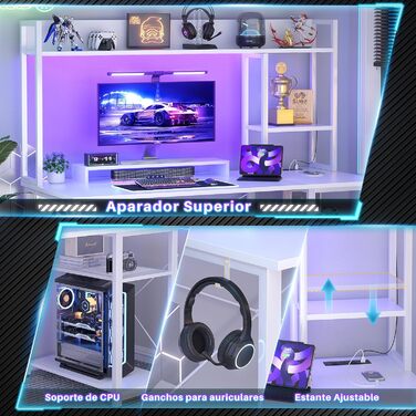 Ігровий стіл з полицею, комп&39ютерний стіл 47 дюймів зі світлодіодним підсвічуванням та розетками, стіл для домашнього офісу з двосторонніми 5-ярусними відділеннями для зберігання та підставкою для монітора, білий 120 см