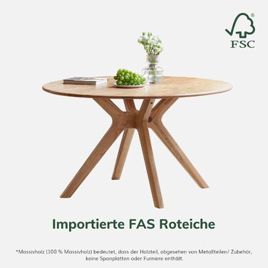 Обідній стіл з масиву дуба, круглий стіл 120 см, без шпону, сучасний кухонний стіл, круглий обідній стіл, міцний, обідні столи для 4-6 осіб, 120x120x74,8 см, натуральний колір