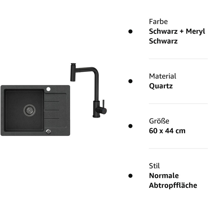 Раковина VBChome Чорна зі змішувачем 60 x 44 см Гранітна одинарна раковина Врізна раковина Крапчаста двостороння композитна раковина сифон Змішувач для раковини Змішувач одноважільний (чорний Meryl Black)