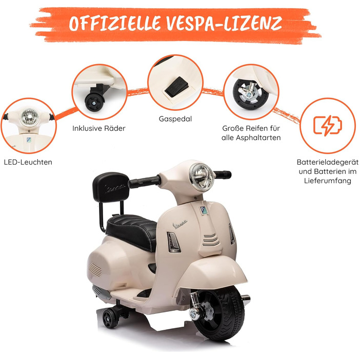 Дитячий електромотоцикл 6 вольт Vespa електричний дитячий самокат від Babycar зі спинкою - електричний дитячий самокат Vespa з нож